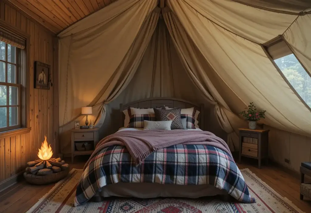 A boy’s room with a canvas tent over the bed, rustic decor, and soft camp-style lighting.