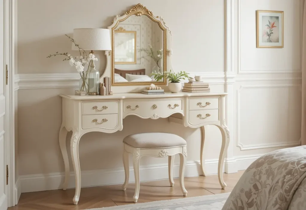 Elegant French-style vanity with curved legs, creamy finish, and matching upholstered stool.