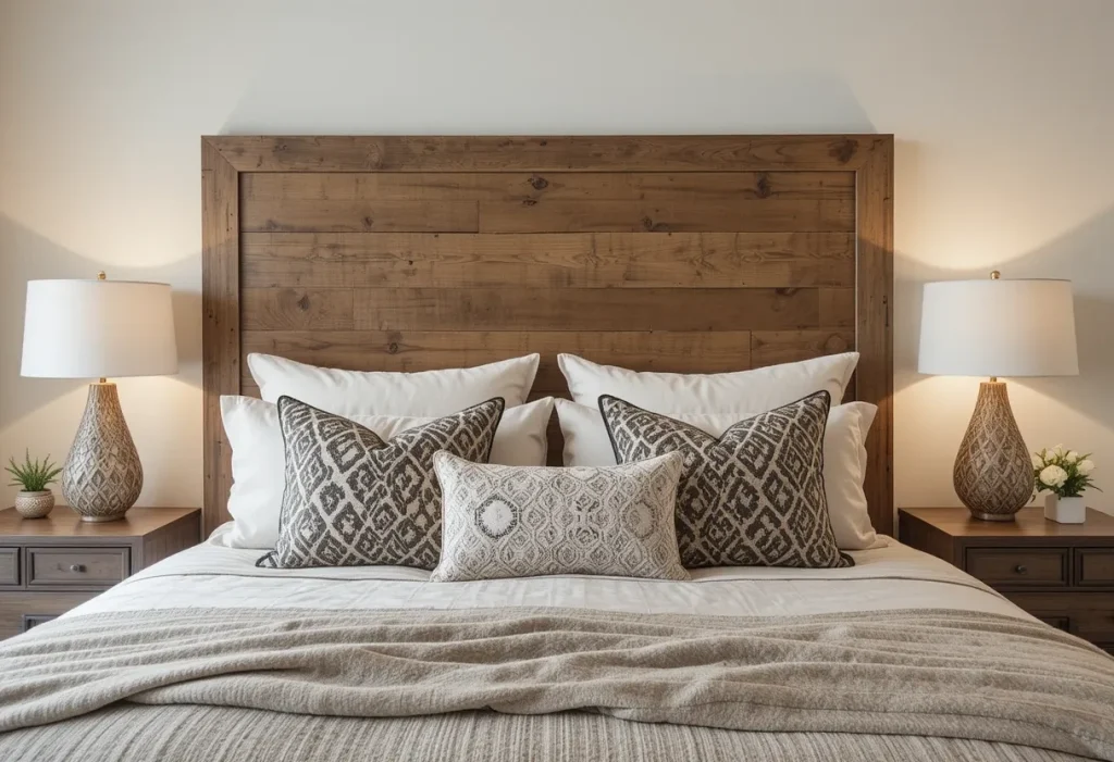 Elegant bedroom with a large wooden headboard and neutral-toned bedding that creates a rustic focal point.