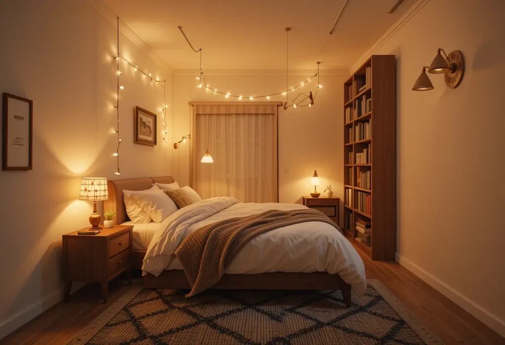 "Small bedroom lit with warm lamps and fairy lights, creating a soft, relaxing glow without using an overhead light.