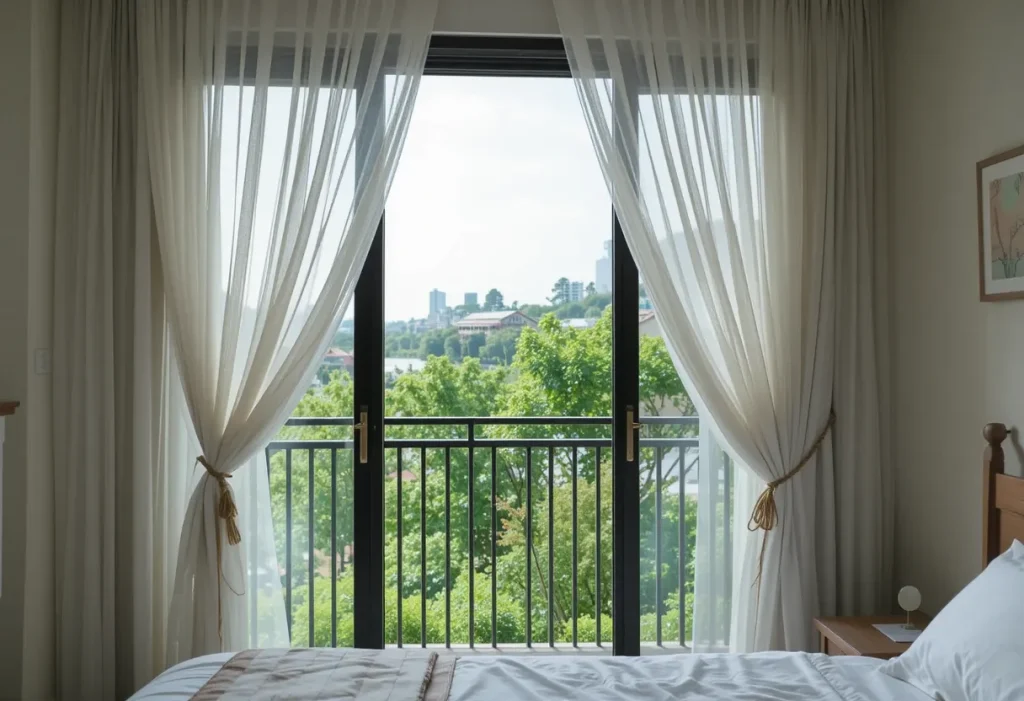 White sheer curtains flowing between a bedroom and balcony, gently swaying with sunlight filtering through.