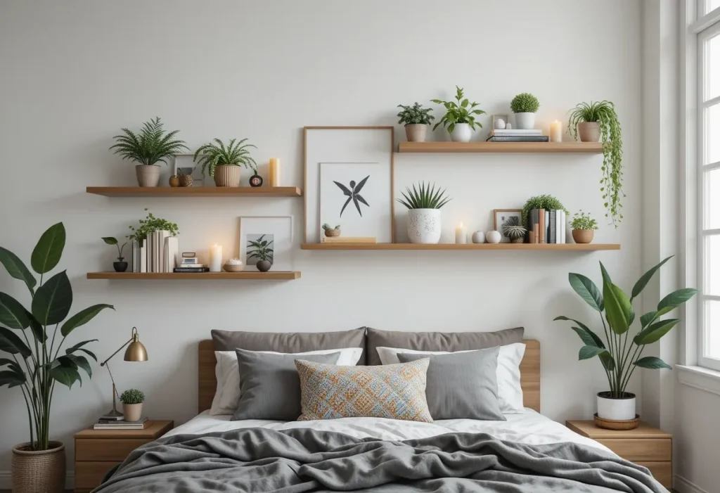 Bright bedroom wall with two floating wooden shelves holding plants, vases, and décor pieces, all on clean white walls.
