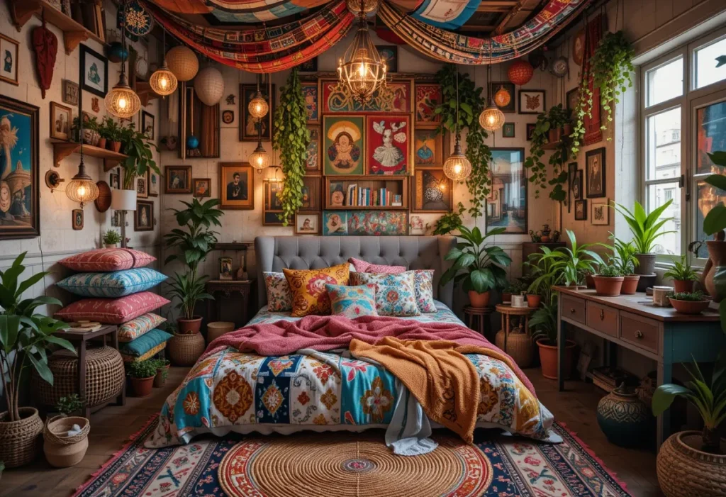 Vibrant boho bedroom with layered fabrics, textured rugs, hanging lights, and abundant plant decor.