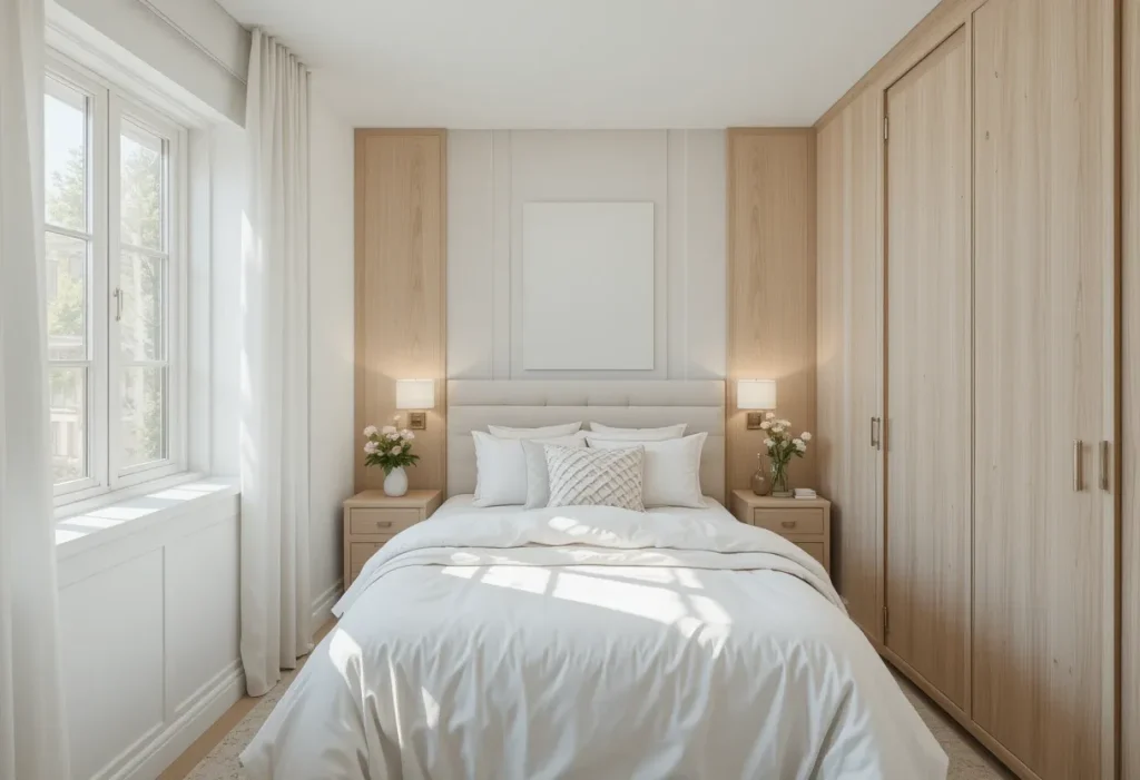 Bright small bedroom with white and pastel walls, beige wood accents, and soft natural lighting.