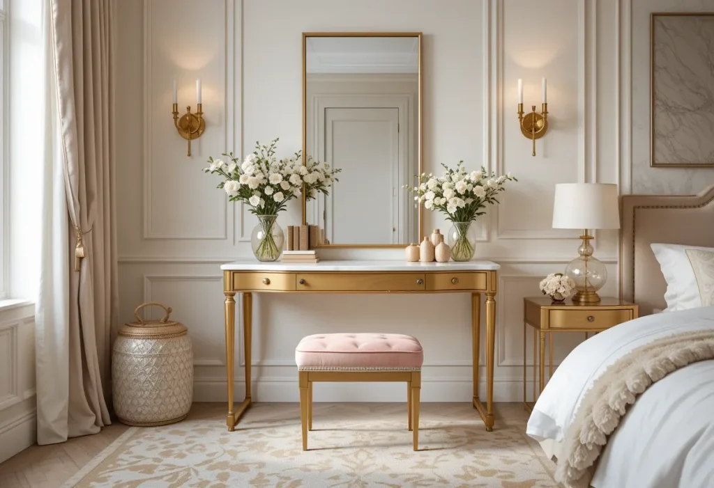 Chic bedroom featuring a gold-framed vanity table, blush stool, and neutral tones with glam metallic accents.