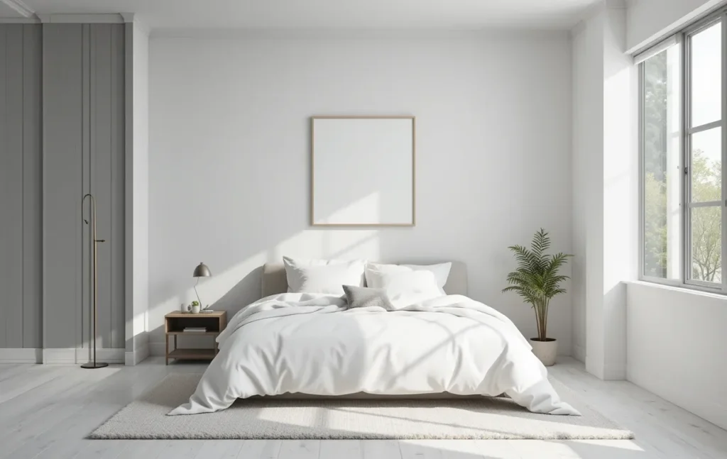  A full bedroom view with a single bed dressed in soft neutral bedding, light grey walls, white decor accents, and natural sunlight streaming in.