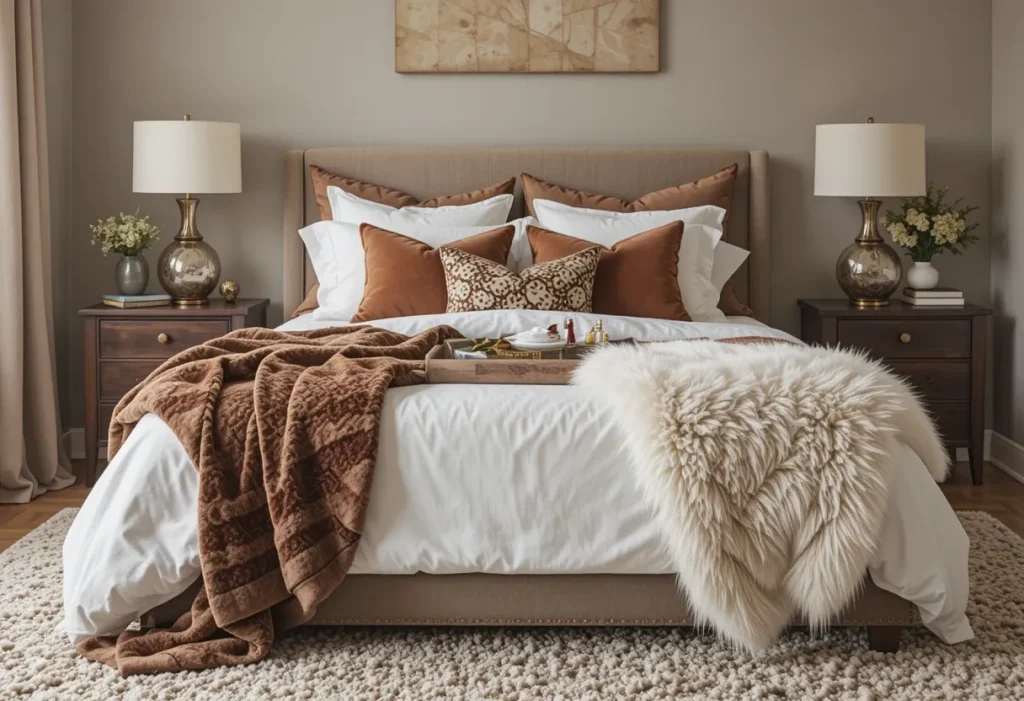 Elegant guest room showcasing layered fabrics like velvet cushions, faux fur throw, and a plush area rug.