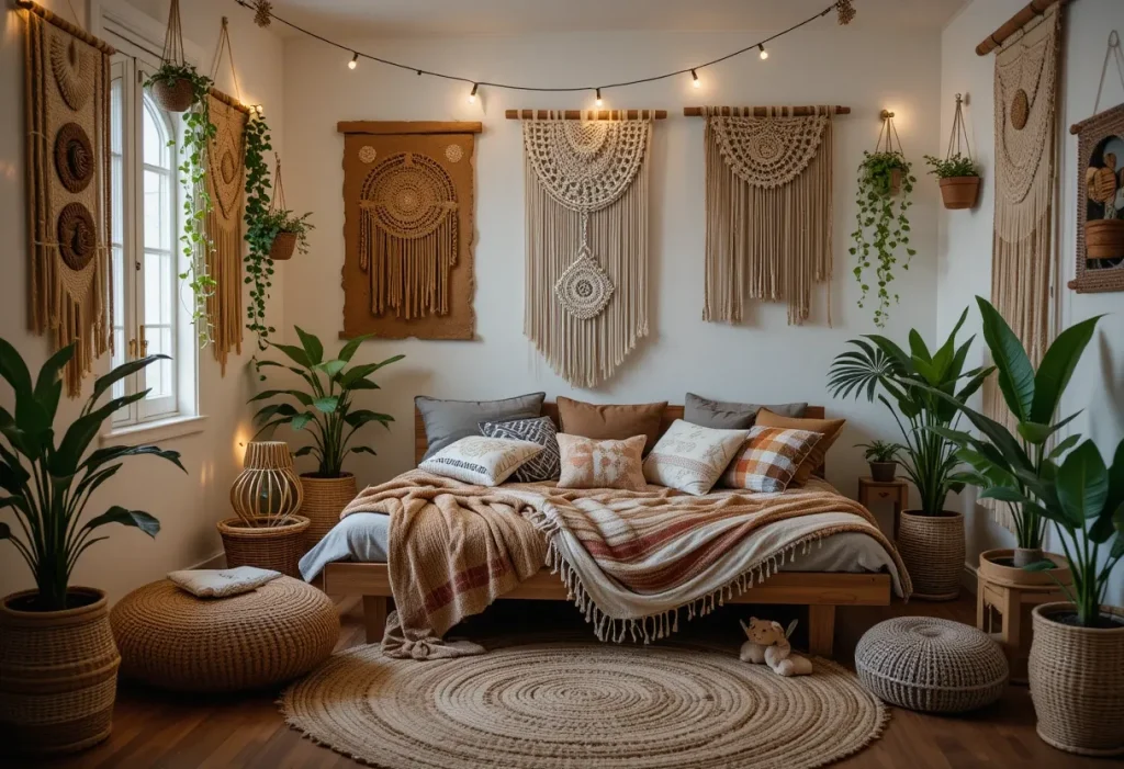 A cozy boho-style room with layered rugs, a low bed with patterned pillows, hanging plants, and warm fairy lights.