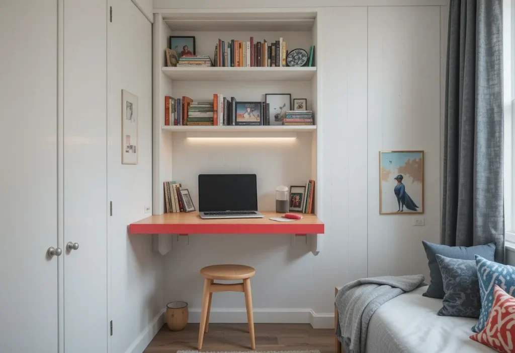 Compact bedroom with fold-down wall-mounted desk, small stool, and art supplies stored on floating shelves