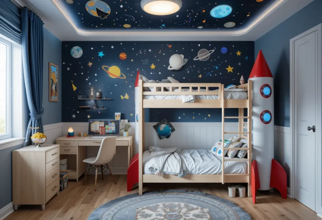 Small child’s room with a space-themed wall, featuring stars, planets, and a rocket-shaped bed.
