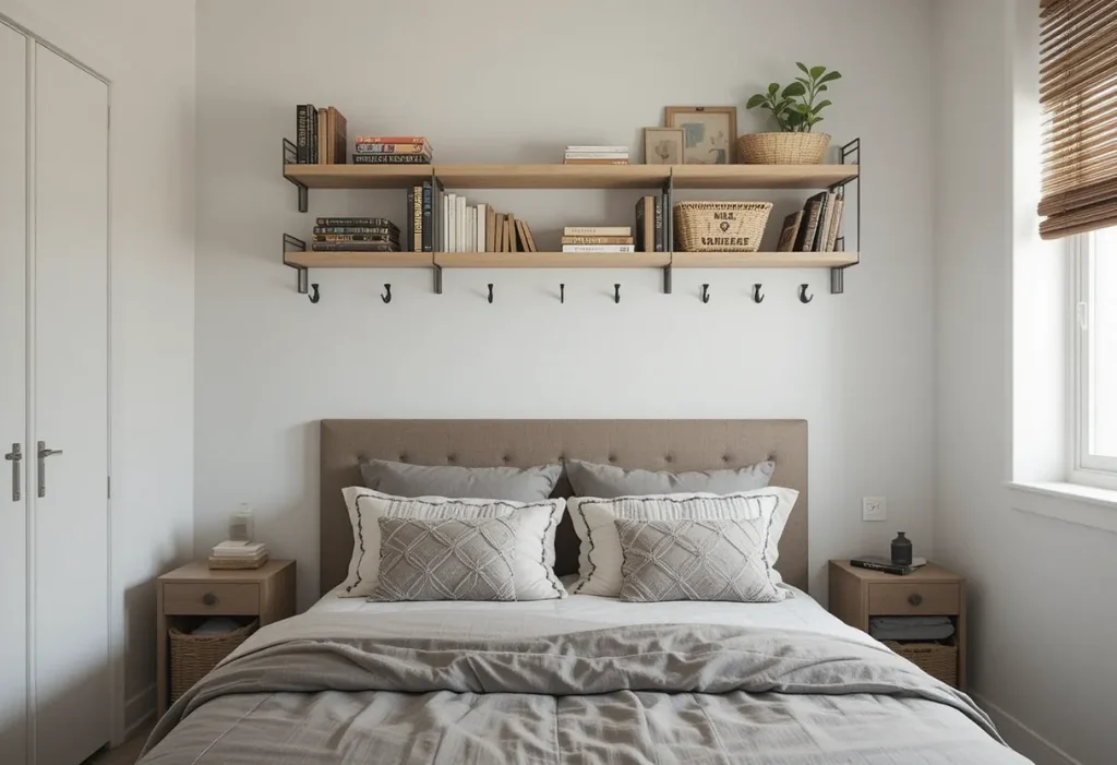 Vertical storage solutions with floating shelves and hanging hooks in a small guest bedroom.