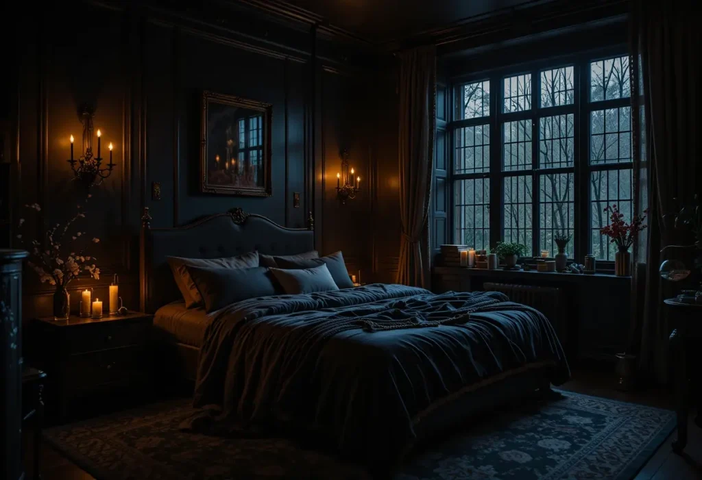 Dark bedroom with moody dim lighting, soft lamps, and cozy ambient glow creating a romantic atmosphere.