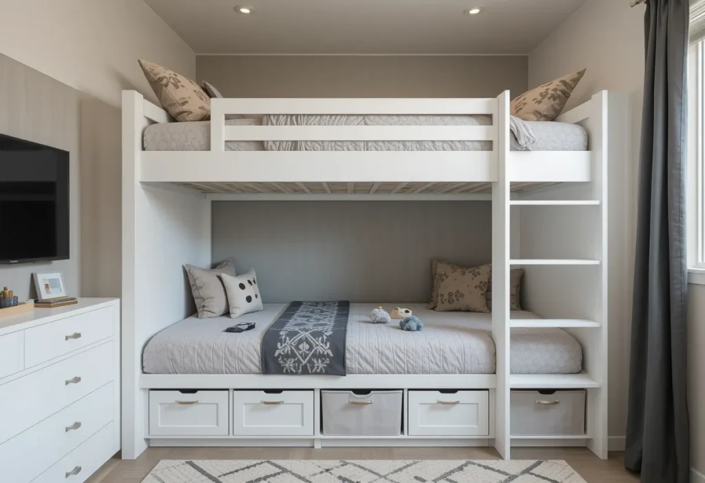 White built-in bunkbeds with under-bed drawers and labeled storage bins in a small bedroom.