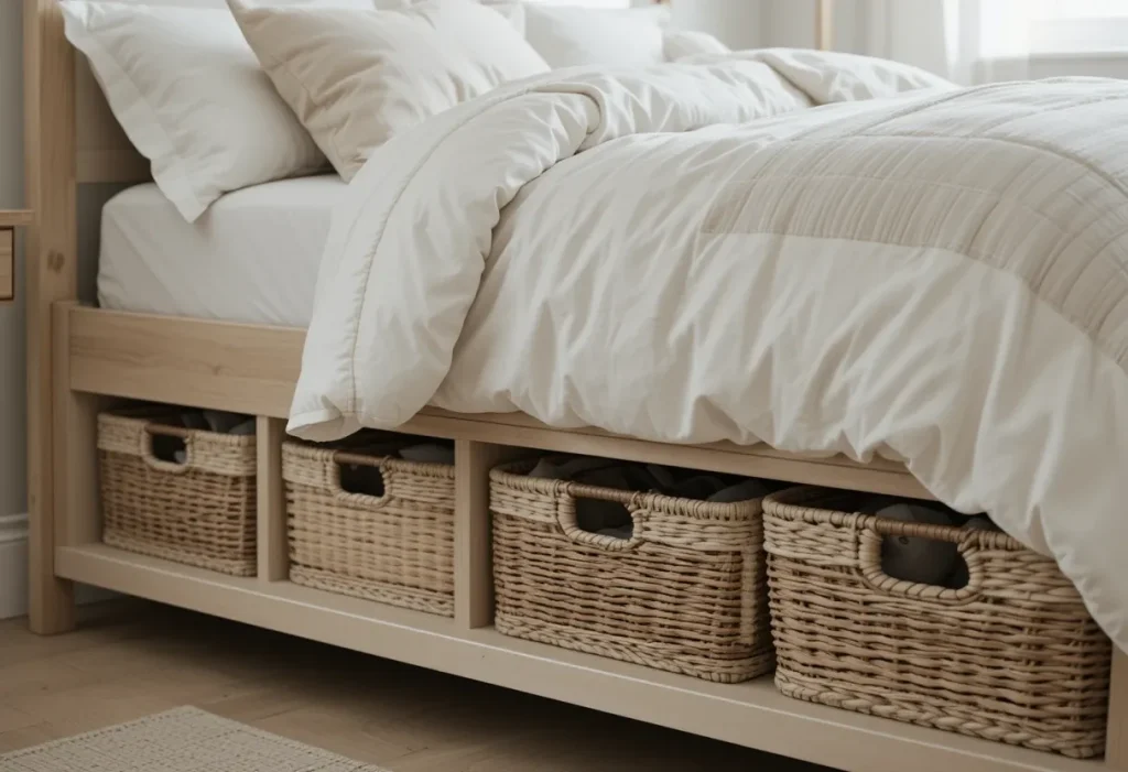 Under-bed storage baskets neatly tucked under a minimalist bed.