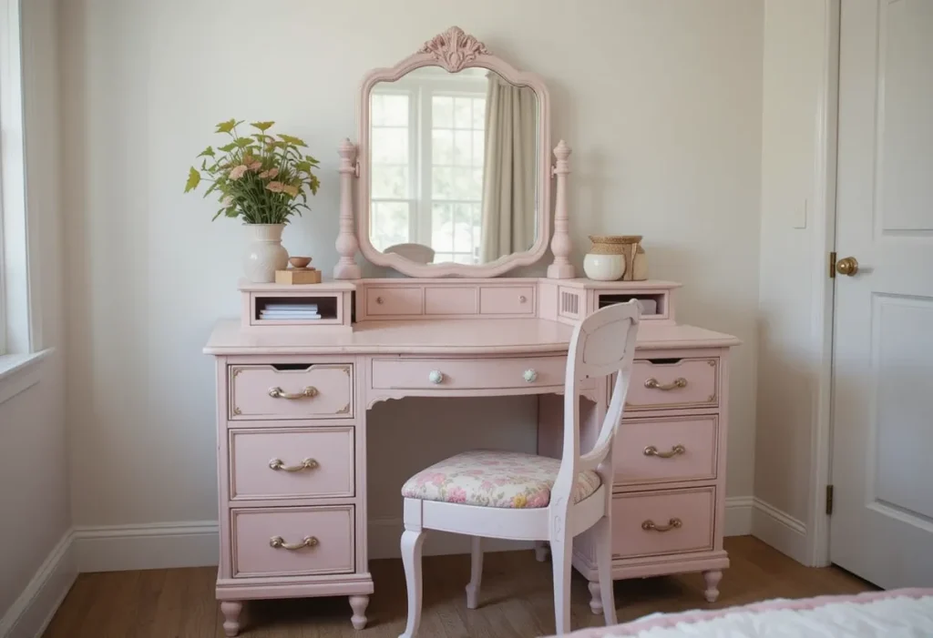 Vintage desk turned into a vanity with storage drawers, freestanding mirror, and cozy upholstered chair.


