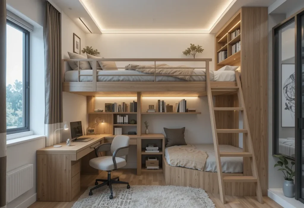 A modern loft bed setup with a desk and cozy reading area underneath, ideal for maximizing vertical space.