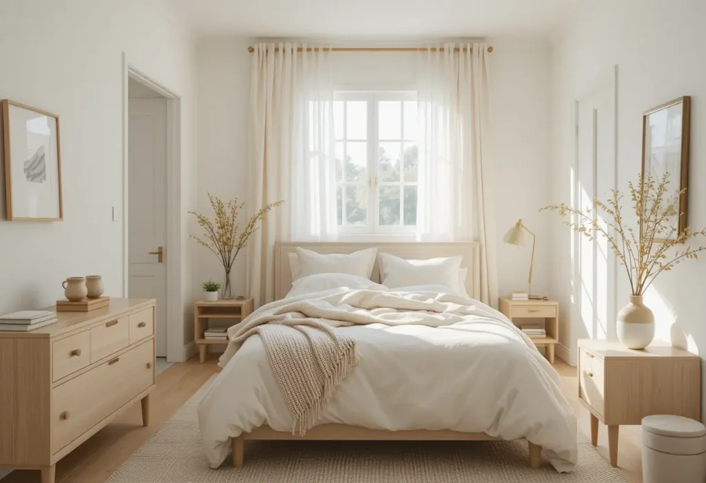 Small cozy bedroom with white walls, light bedding, and natural light to create an open, airy atmosphere.

