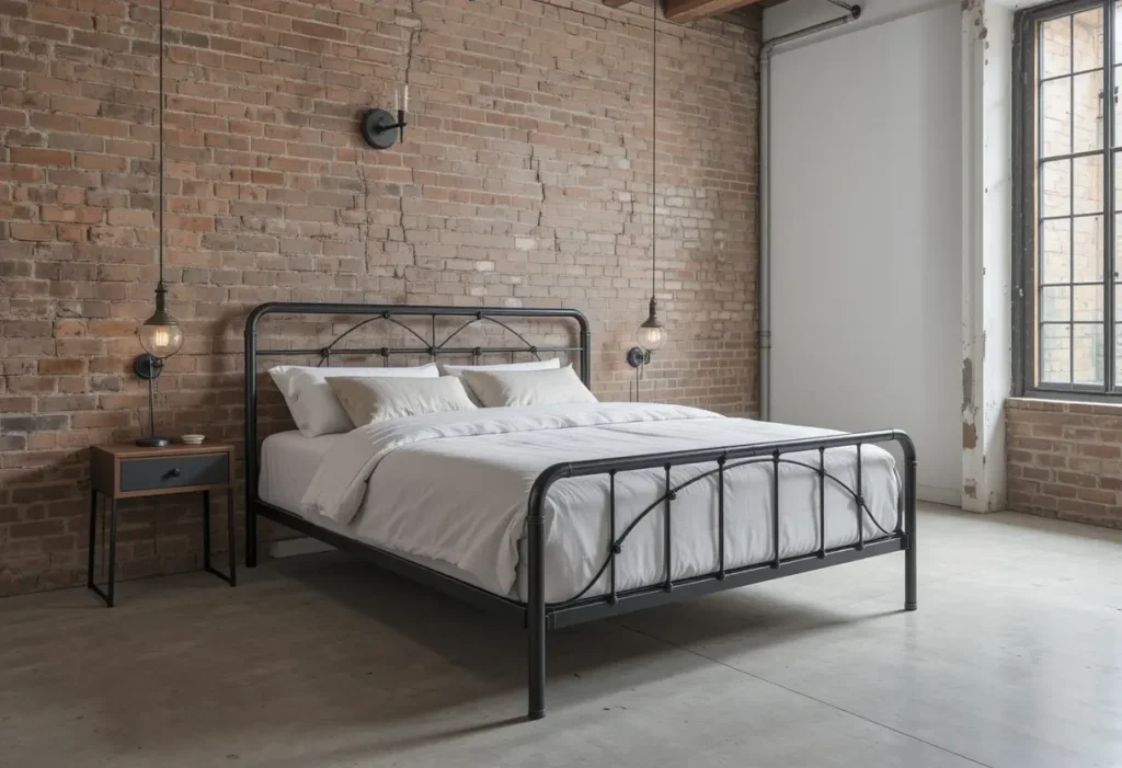 "Industrial minimalist bedroom featuring brick walls, metal bed, and concrete flooring"