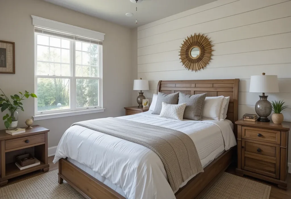 Bedroom with a white shiplap accent wall, wood furniture, and neutral decor elements.