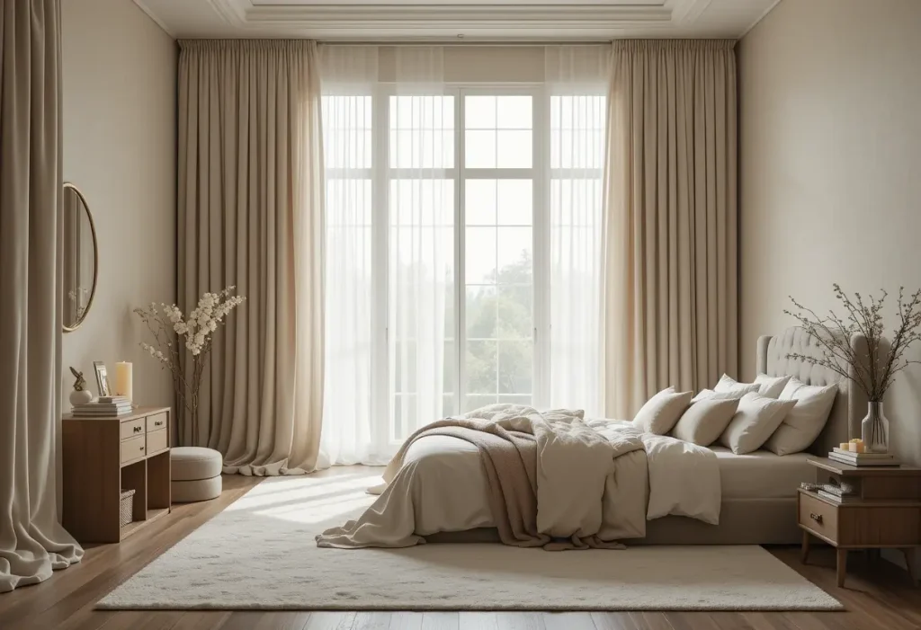 "Bedroom with long, flowing curtains that puddle on the floor, creating a soft, cozy, and elegant atmosphere.