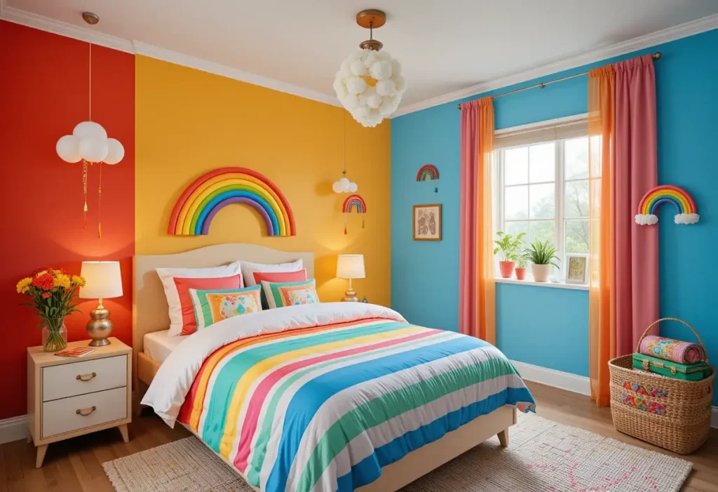 "Toddler room with bright rainbow colors, striped bedding, and colorful accents everywhere."