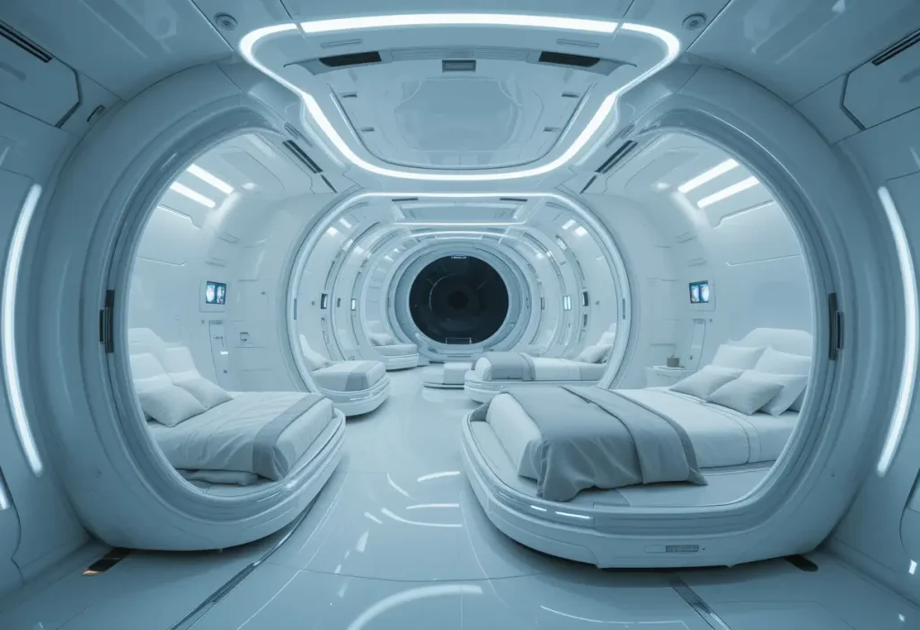 "Sleek futuristic guest pod with white walls, LED lighting, touch controls, and space-saving design."