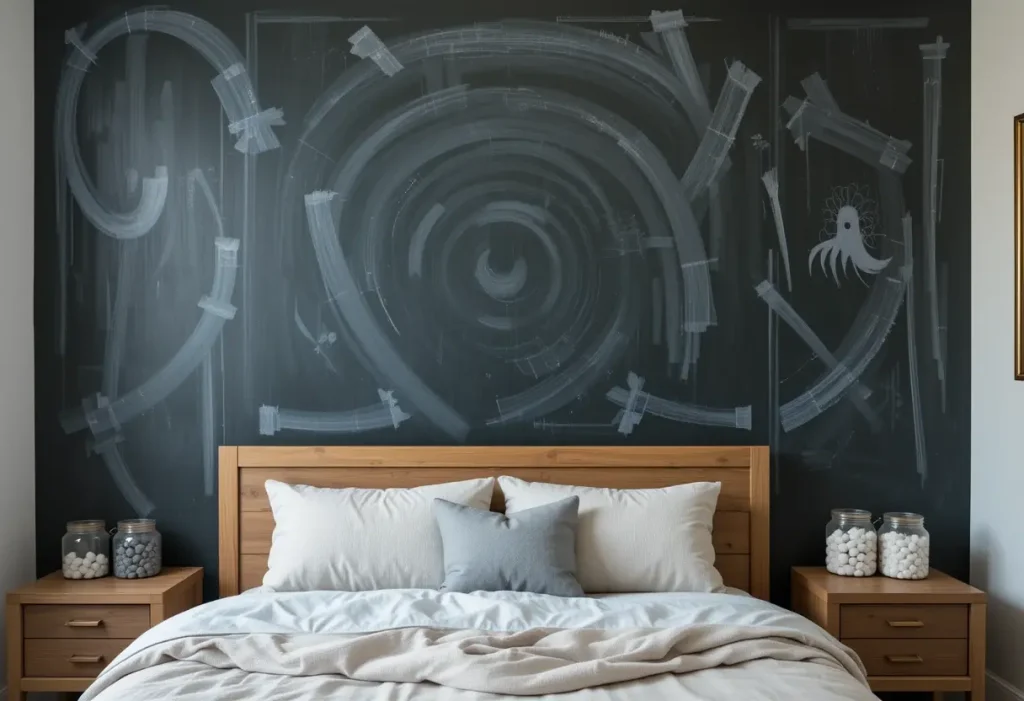 A space-saving loft bunk with black walls, cage lighting, and wood-metal furniture.