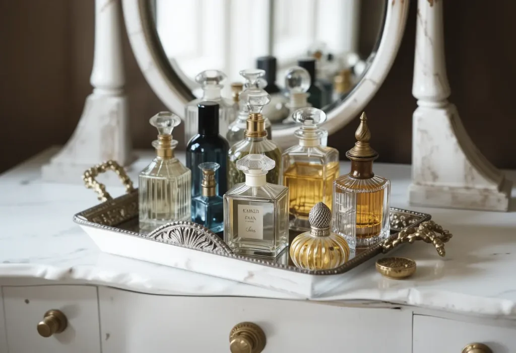 Vanity top styled with antique perfume bottles on a mirrored tray.