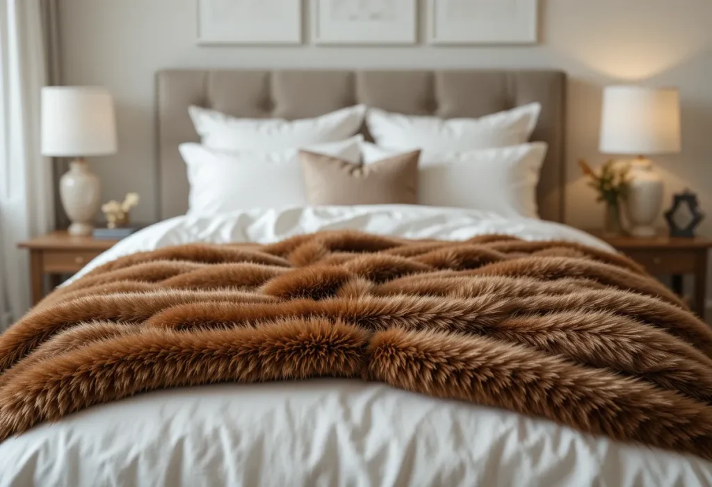 Bed styled with a faux fur brown throw blanket draped over neutral bedding.