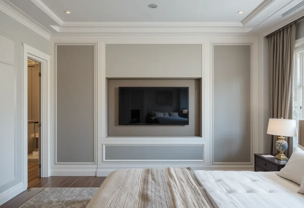 Flush-mounted TV in a recessed wall nook in a modern brown bedroom.
