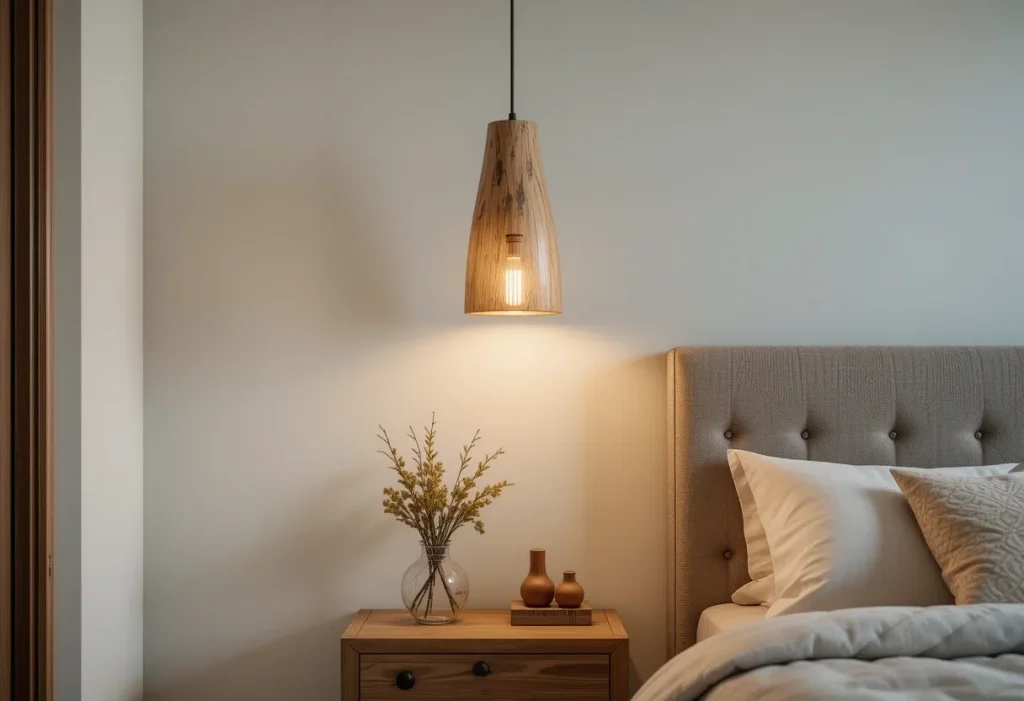 Wooden pendant light hanging over a nightstand, casting a warm glow in a modern bedroom.