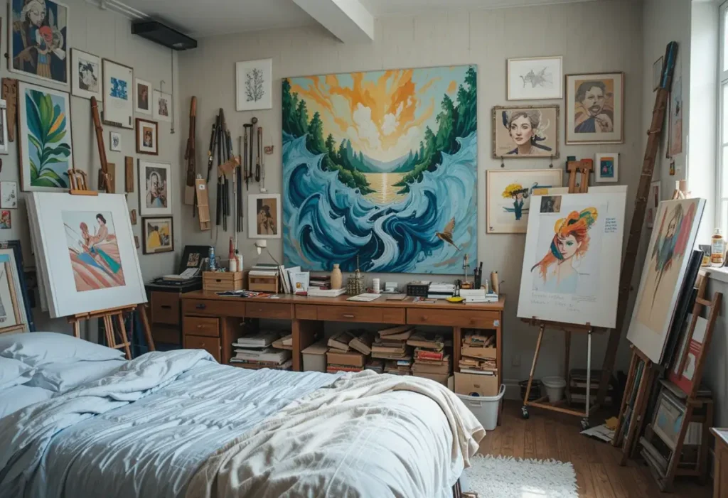 "Artistic bedroom with paintings, easels, and a workspace for creativity"