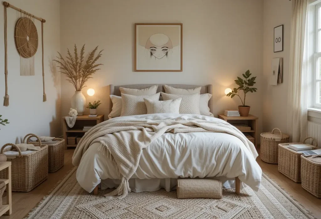 "Warm, cozy bedroom decorated with woven baskets used for storage and style, adding texture and an earthy vibe to the space.