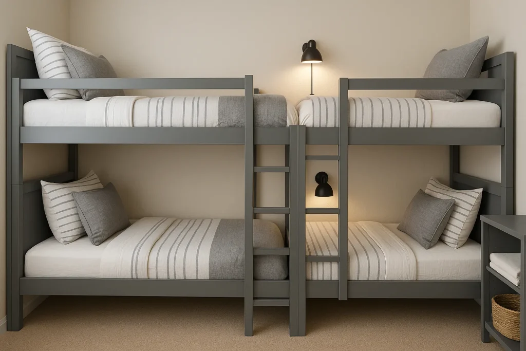 Stylish grey adult bunk beds with matching bedding, wall lights, and slim hidden storage in a guest room.