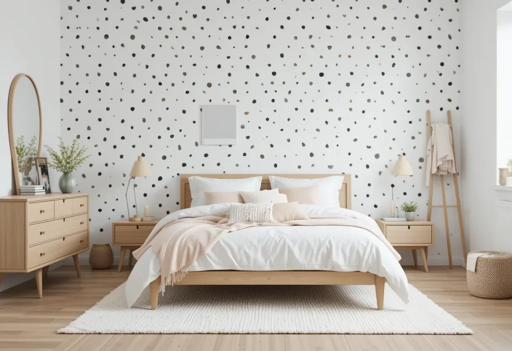 Light bedroom with white wallpaper covered in small black dots and soft pastel bedding.