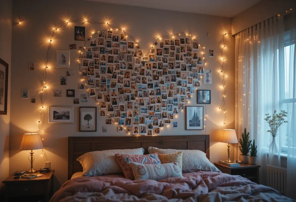 Bedroom wall with a grid of empty Polaroid-style frames (no photos), arranged in heart shape above the bed.