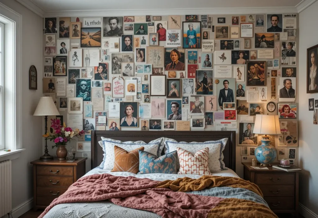 Creative bedroom with a wall covered in photos, sketches, and mood board elements arranged chaotically.