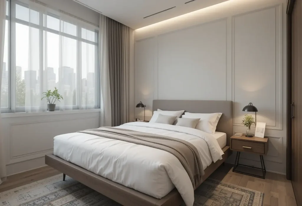 “Men’s bedroom with a modern floating nightstand for space-saving style.”