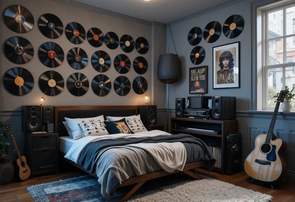 A musical bedroom with vinyl records on the wall, a guitar corner, speakers, and music-themed decor.