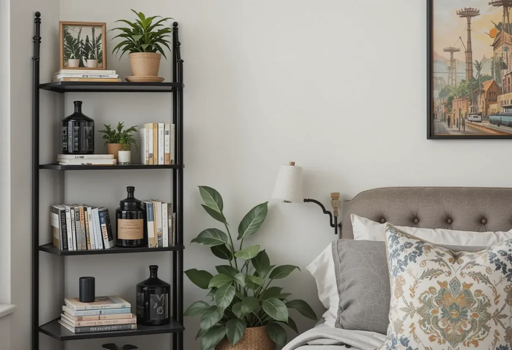 Ladder shelf with decor items and books in a small guest room corner.