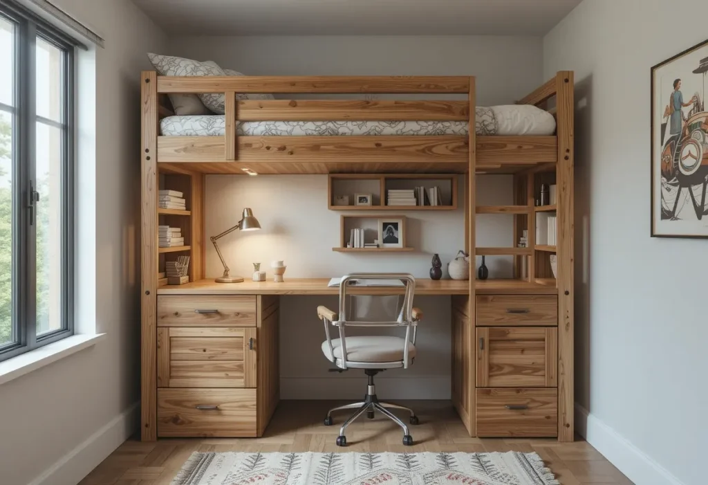 Wooden bunkbed with convertible study desk below, shelves, and a compact chair.