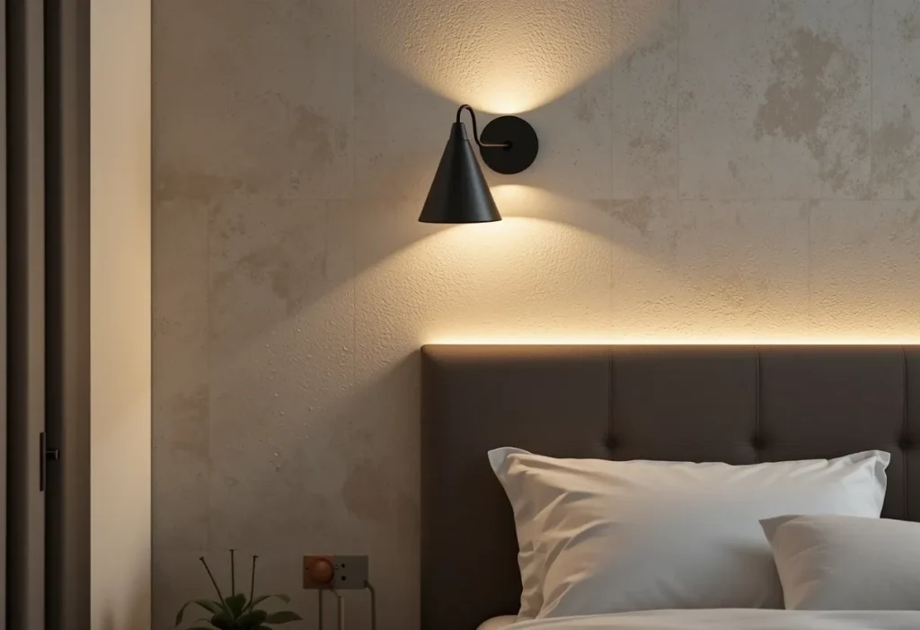 Wall-mounted sconce lighting above the bed.