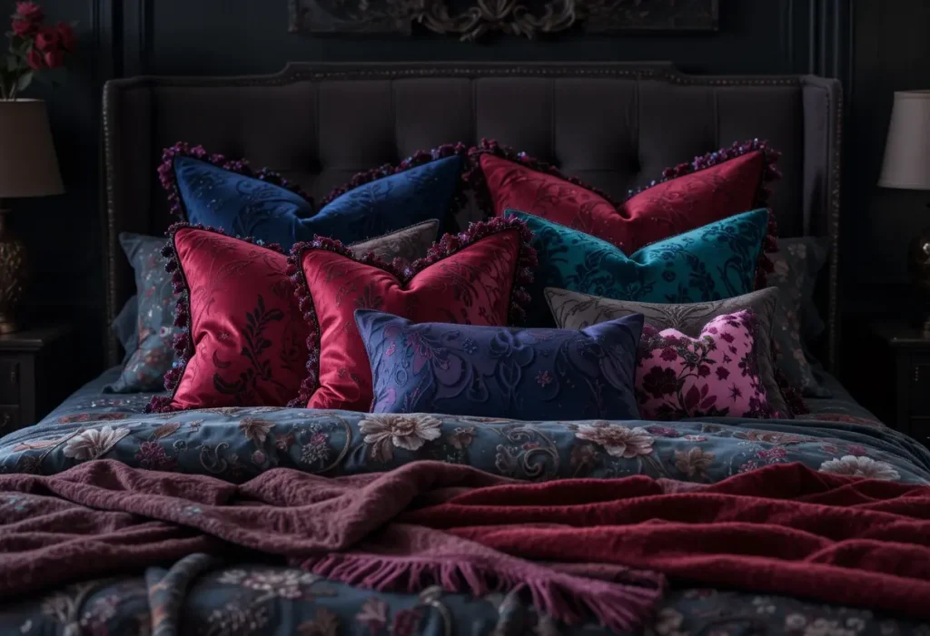 Dark bedroom with jewel-toned pillows adding rich color and cozy texture.