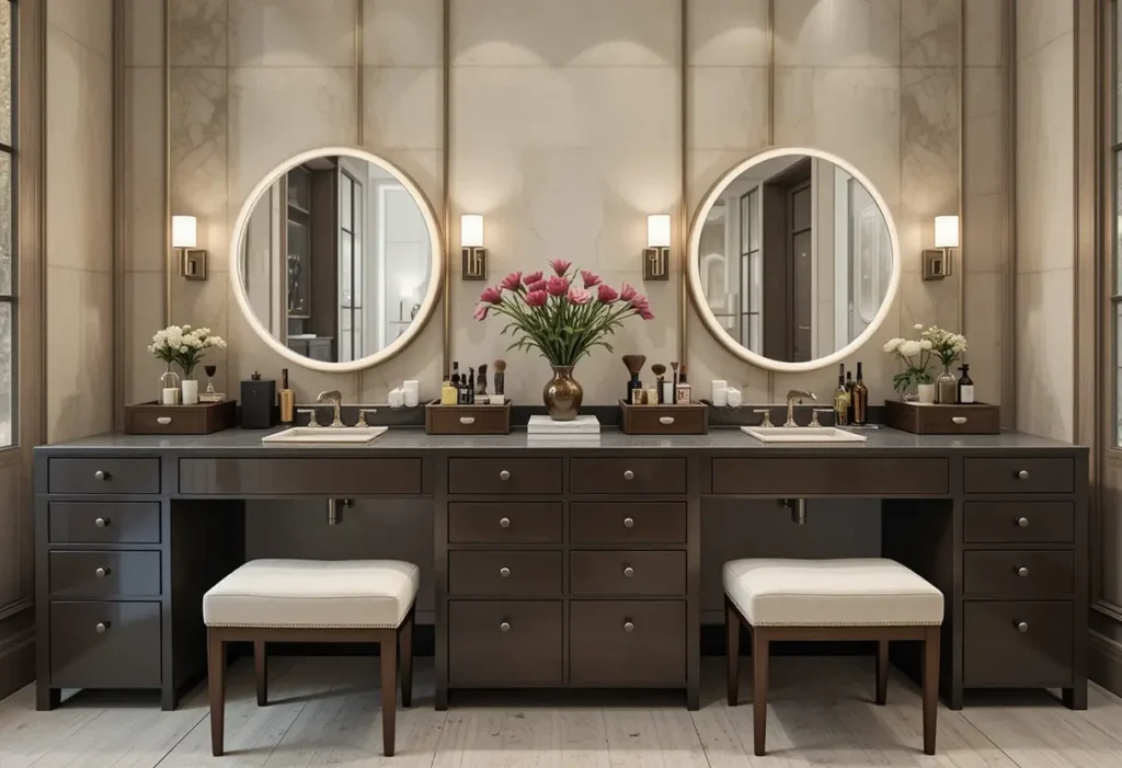 Double vanity setup with matching mirrors and stools, styled for a shared bedroom or dual-purpose space.