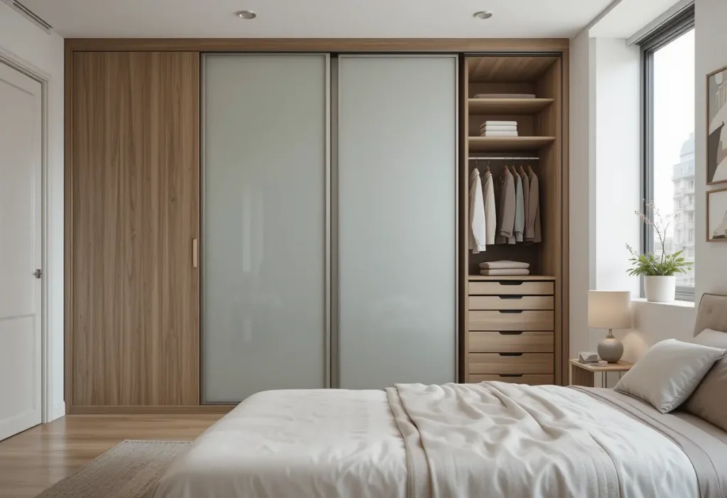 Small bedroom with over-the-door storage organizer keeping essentials tidy and maximizing vertical space for couples.