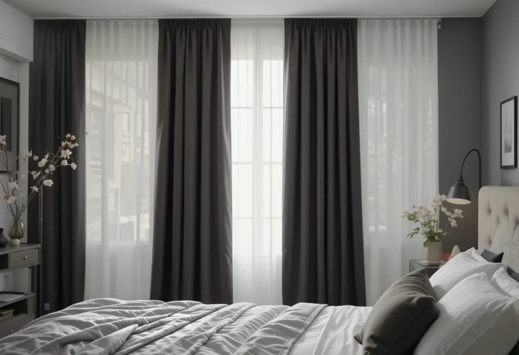 "Bedroom with dark blackout curtains for a restful, light-free sleeping environment."