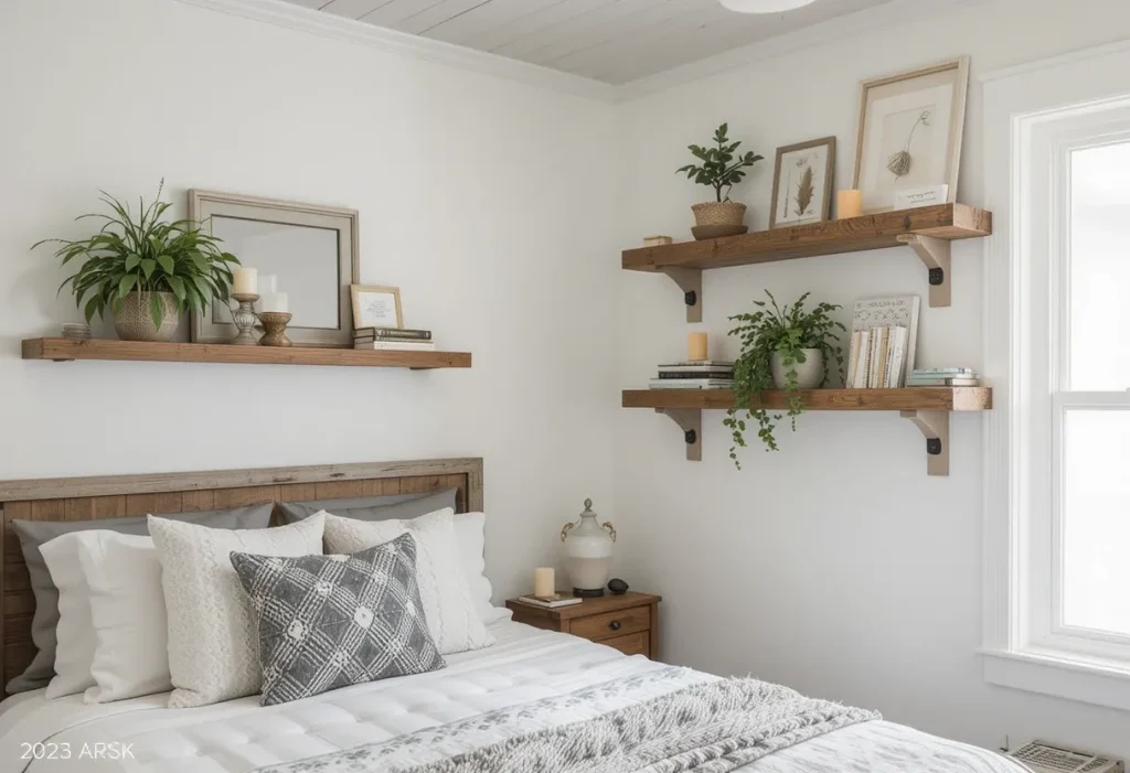 Bedroom with floating reclaimed wood shelves holding books and small plants.