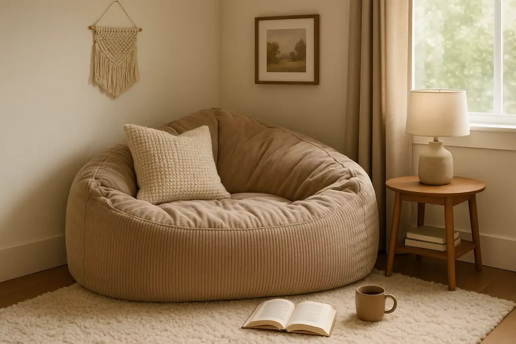 Cozy corner with a neutral-toned bean bag, blanket, and small side table.
