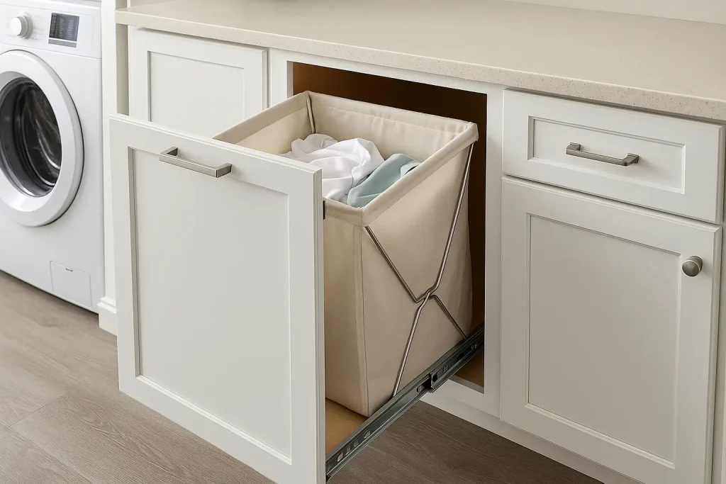 Neutral fabric laundry hamper tucked beside a desk in a small bedroom.

