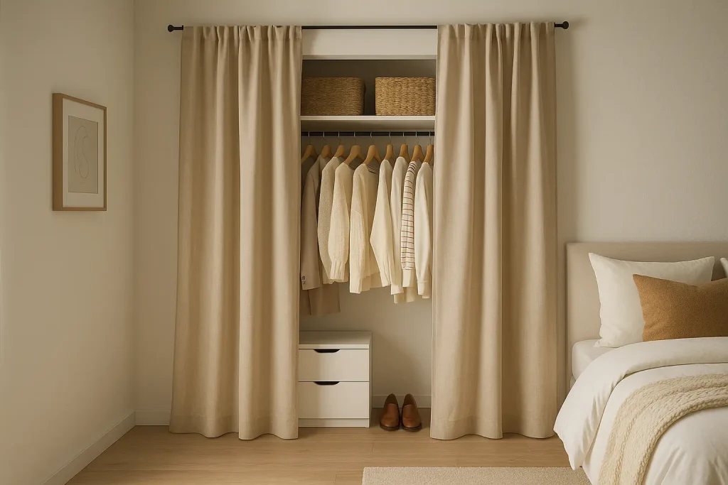 Foldable desk and chair set up against a wall, with storage tucked nearby.